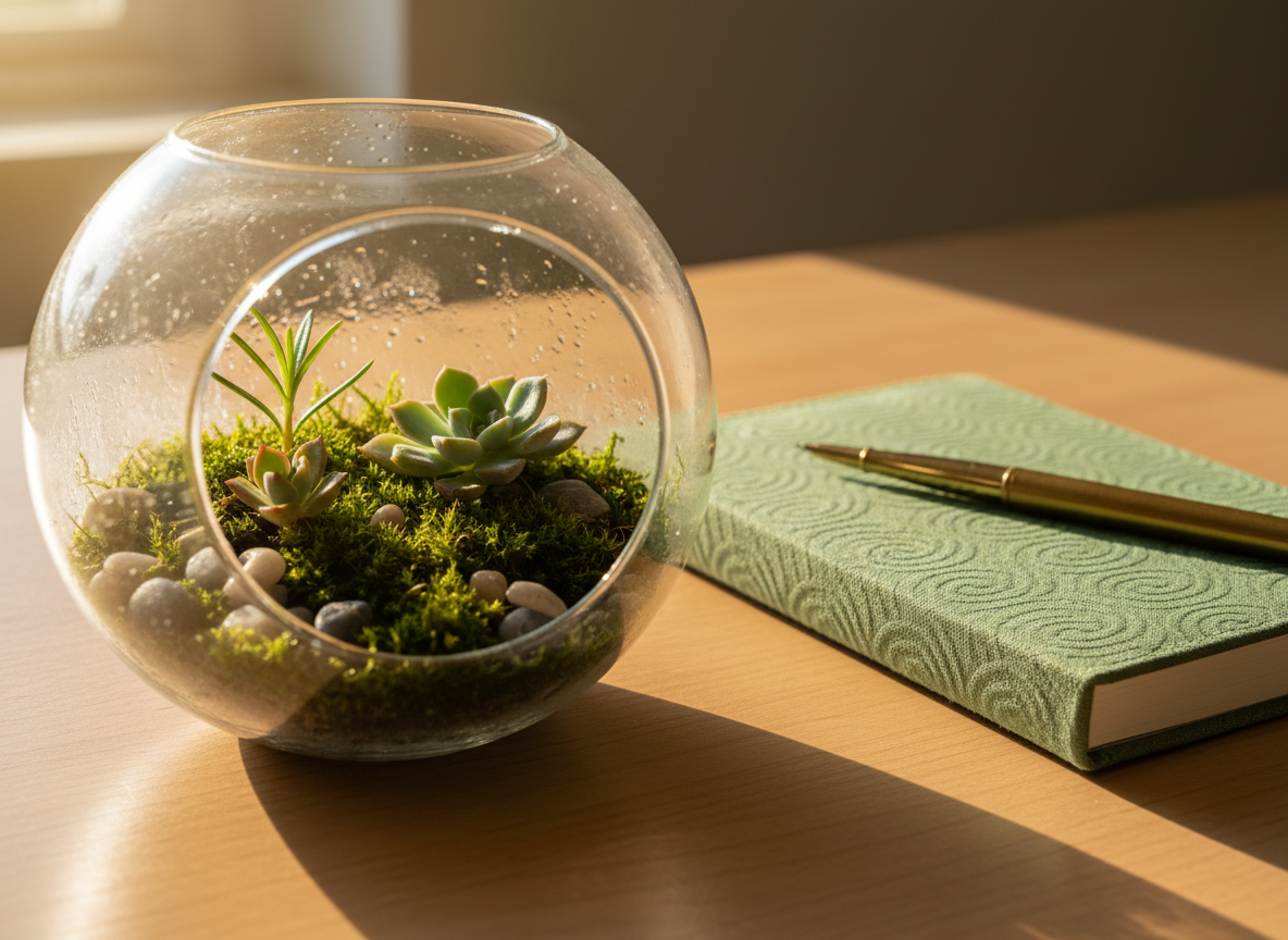 A delicate glass terrarium in the shape of a sphere, resting on a smooth light-wood table, filled with a small ecosystem of moss, tiny pebbles, and a few budding succulents at different stages of growth. Beside it lies a closed, fabric-covered notebook with a discreet embossed wave pattern and a fine-tip pen. Late-afternoon golden hour light streams diagonally across the scene from a nearby window, illuminating tiny droplets on the terrarium glass and casting long, soft shadows. Photographic realism, shot at a low angle with shallow depth of field, focusing tightly on the emerging leaves. The mood is gently optimistic and nurturing, symbolizing varied reproductive journeys and mental health support in a calm, non-clinical way.