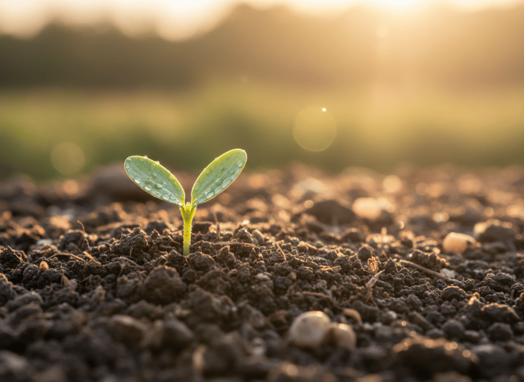 Soft, professional close-up of a delicate plant sprout emerging from rich earth soil, warm natural sunlight filtering through, symbolizing growth and fertility, golden hour lighting, shallow depth of field