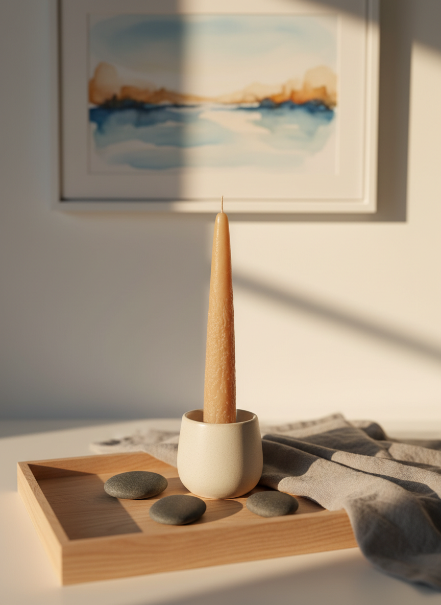 A serene still life symbolizing emotional recovery after pregnancy loss, with a single tall, sand-colored candle in a matte ceramic holder placed on a light wood tray. Surrounding it are three smooth, dark river stones and a folded, soft gray linen cloth, subtly suggesting comfort and grounding. In the back, a faintly visible abstract watercolor painting in muted blues and warm neutrals hangs on a white wall, its shapes loosely evoking a horizon. Warm, late-afternoon sunlight streams in from the right, creating gentle, elongated shadows and a calm, contemplative mood. Photographic realism, eye-level composition with shallow depth of field, emphasizing tenderness, quiet resilience, and non-dramatic emotional support related to fertility challenges, without people or medical elements.