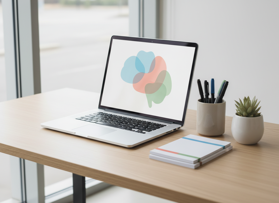 A minimalist workspace symbolizing evidence-based fertility psychology, showing a slim, silver laptop open on a light birch desk with the screen displaying an abstract, softly blurred brain-like pattern made of overlapping pastel shapes in blue, coral, and green. Beside the laptop, a tidy stack of bilingual notepads, one labeled with a subtle EN/ES color band code instead of words, sits next to a neutral-toned ceramic pen holder with fine-tipped pens. A small succulent in a white pot adds organic texture. Gentle overcast daylight from the left creates even illumination with delicate reflections on the laptop frame. Photographic realism, clean and modern aesthetic, shot from a slightly elevated three-quarter angle, conveying professionalism, clarity, and calm support around fertility-related thoughts and emotions.