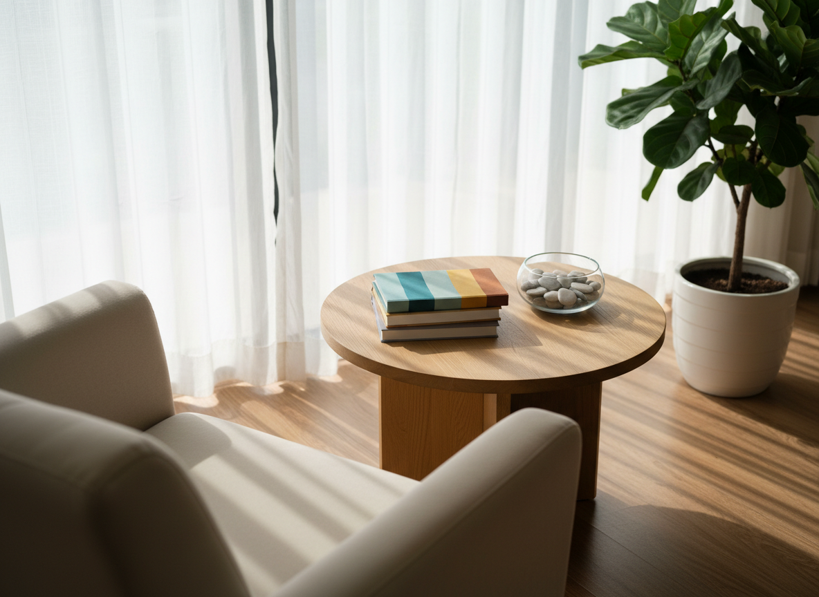 A comfortable therapy-inspired corner designed for online fertility support, featuring a plush upholstered armchair implied only by a curved arm and cushion in the foreground, facing a low oak coffee table topped with a small stack of bilingual self-help books and a calming plant.